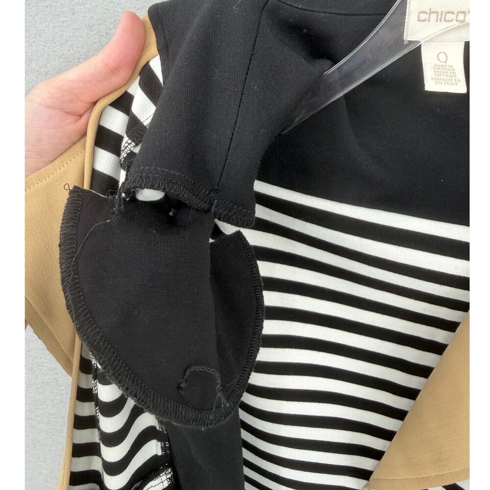 Chico’s Sz 0 Black & White Stripe Tan Ponte Knit Slim Fit Blazer Moto Jacket - Picture 6 of 12